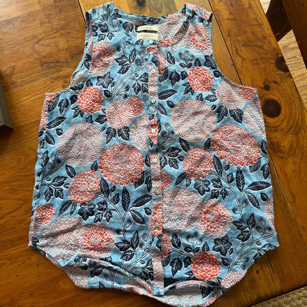 Like New Cynthia Rowley Linen Tank Top Tunic Red Blue Floral Button Front Sz M - Picture 2 of 6